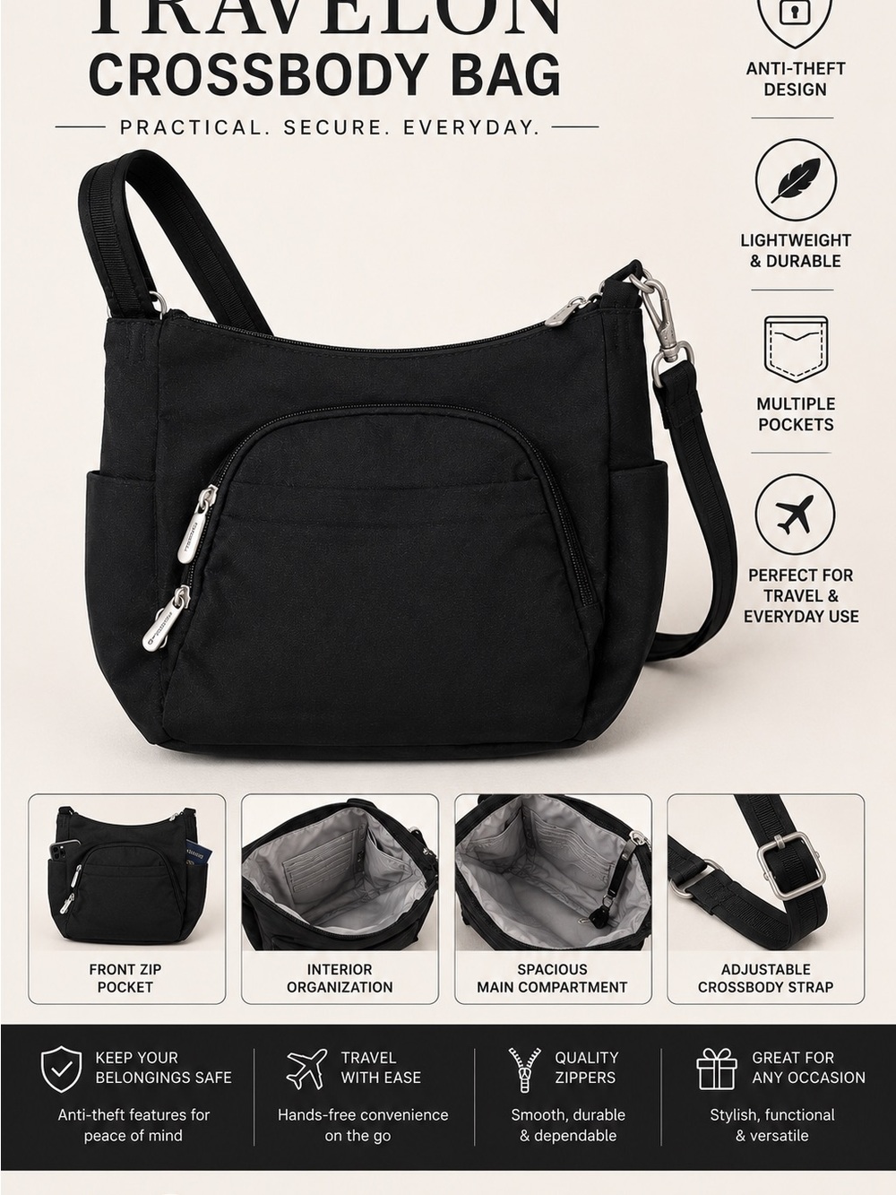 Travelon Black Nylon Crossbody Travel Bag Organizer Multi Pocket Lightweight